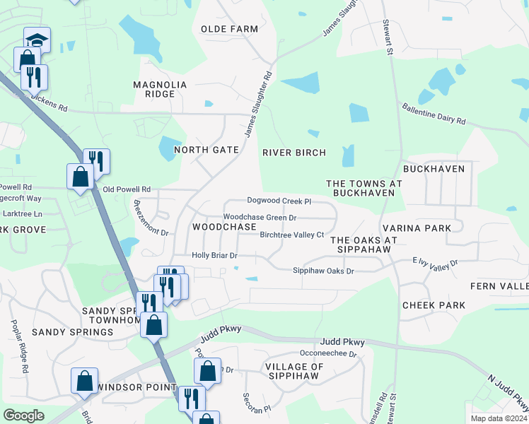 map of restaurants, bars, coffee shops, grocery stores, and more near 423 Woodchase Green Drive in Fuquay Varina