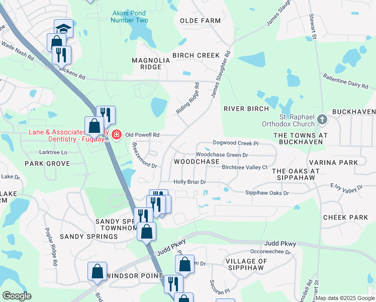 map of restaurants, bars, coffee shops, grocery stores, and more near 319 Woodchase Green Drive in Fuquay Varina