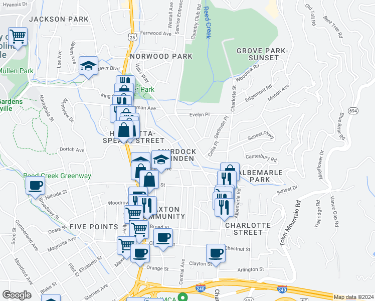 map of restaurants, bars, coffee shops, grocery stores, and more near 88 Murdock Avenue in Asheville