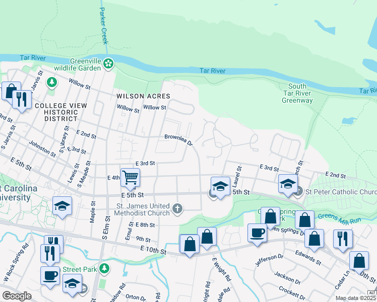 map of restaurants, bars, coffee shops, grocery stores, and more near 2109 East 3rd Street in Greenville