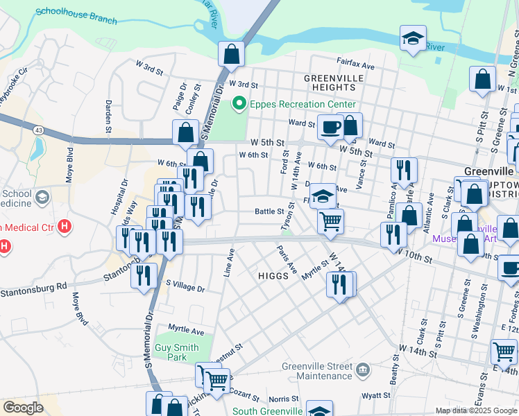 map of restaurants, bars, coffee shops, grocery stores, and more near 1505 Fleming Street in Greenville