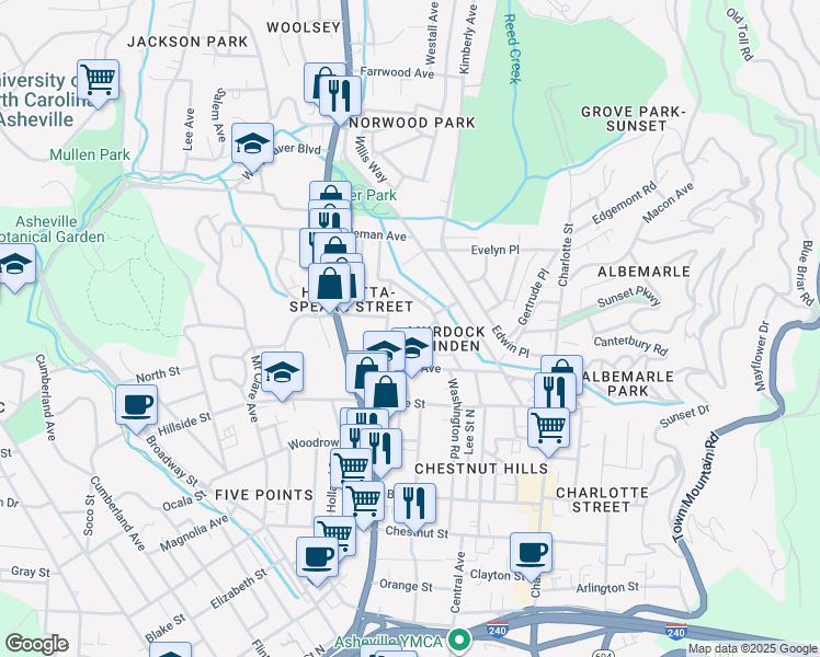 map of restaurants, bars, coffee shops, grocery stores, and more near 45 Henrietta Street in Asheville
