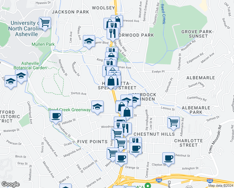 map of restaurants, bars, coffee shops, grocery stores, and more near in Asheville