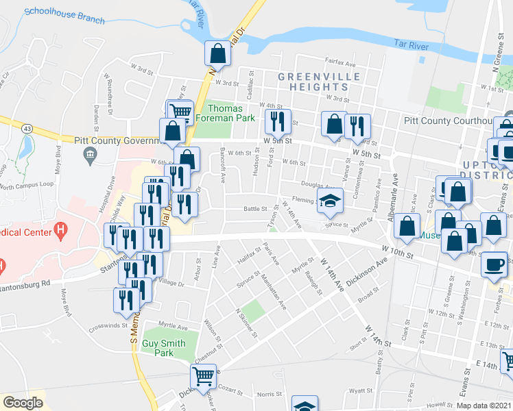 map of restaurants, bars, coffee shops, grocery stores, and more near 1212 Battle Street in Greenville