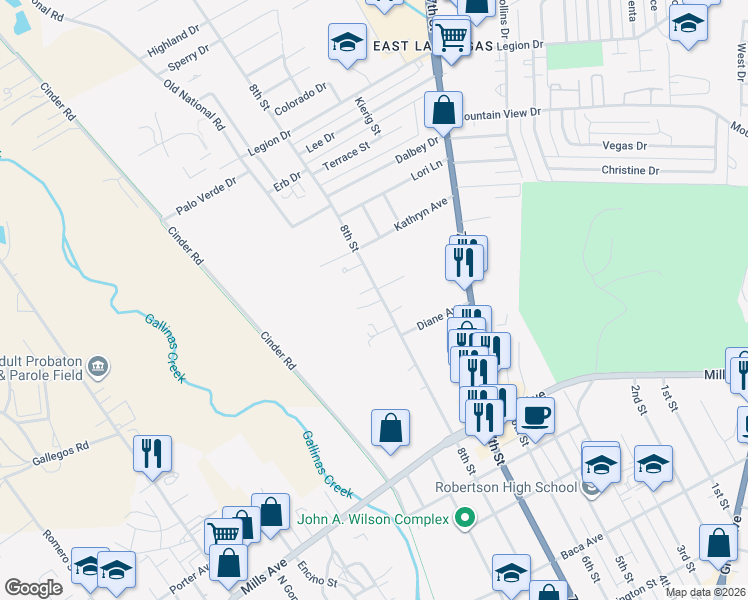 map of restaurants, bars, coffee shops, grocery stores, and more near 1843 8th Street in Las Vegas