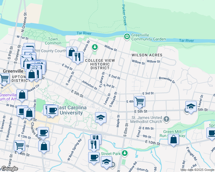 map of restaurants, bars, coffee shops, grocery stores, and more near 301 South Eastern Street in Greenville