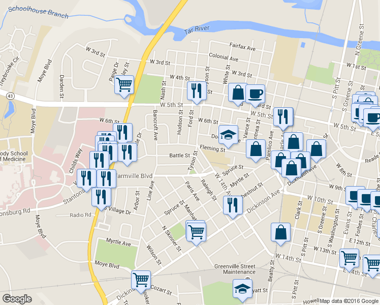 map of restaurants, bars, coffee shops, grocery stores, and more near 1202 Battle Street in Greenville