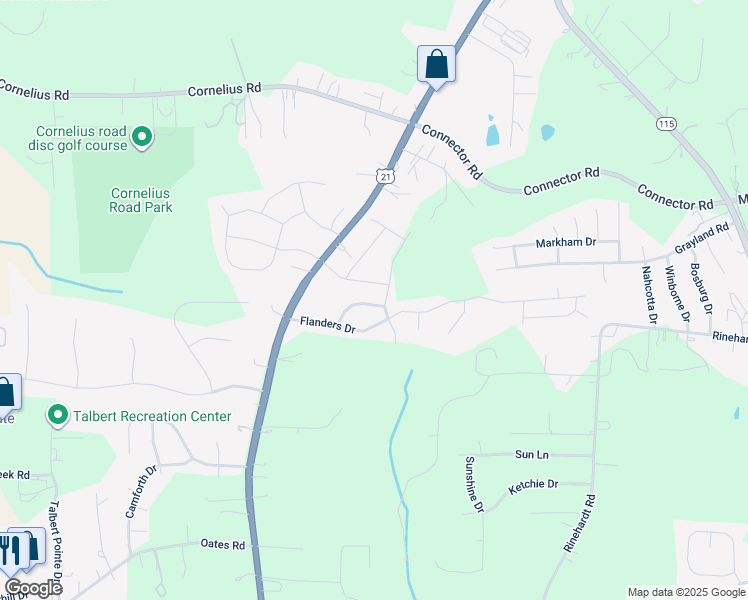 map of restaurants, bars, coffee shops, grocery stores, and more near 129 Zolder Lane in Mooresville