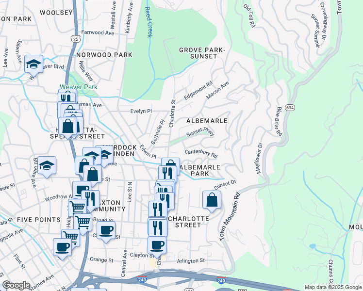 map of restaurants, bars, coffee shops, grocery stores, and more near 25 Sunset Pkwy in Asheville