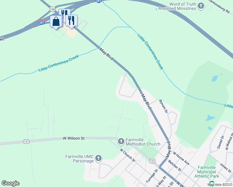 map of restaurants, bars, coffee shops, grocery stores, and more near 3372 Planters Way Drive in Farmville