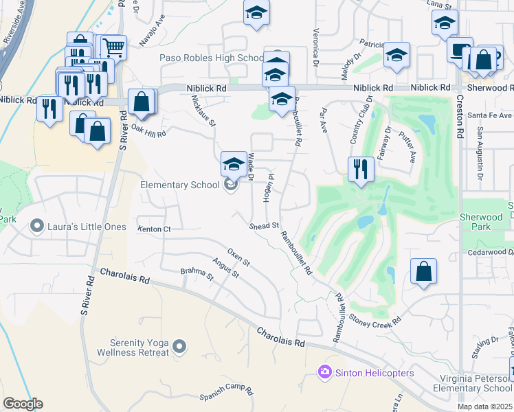map of restaurants, bars, coffee shops, grocery stores, and more near 1732 Wade Drive in Paso Robles
