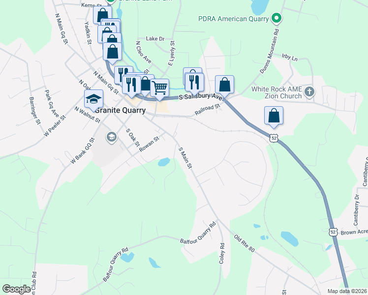 map of restaurants, bars, coffee shops, grocery stores, and more near 505 South Main Street in Granite Quarry
