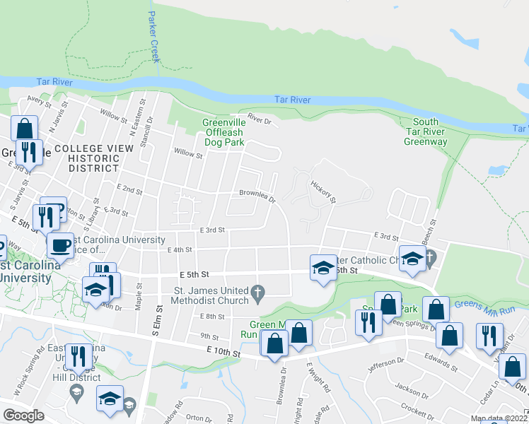 map of restaurants, bars, coffee shops, grocery stores, and more near 2107 East 3rd Street in Greenville