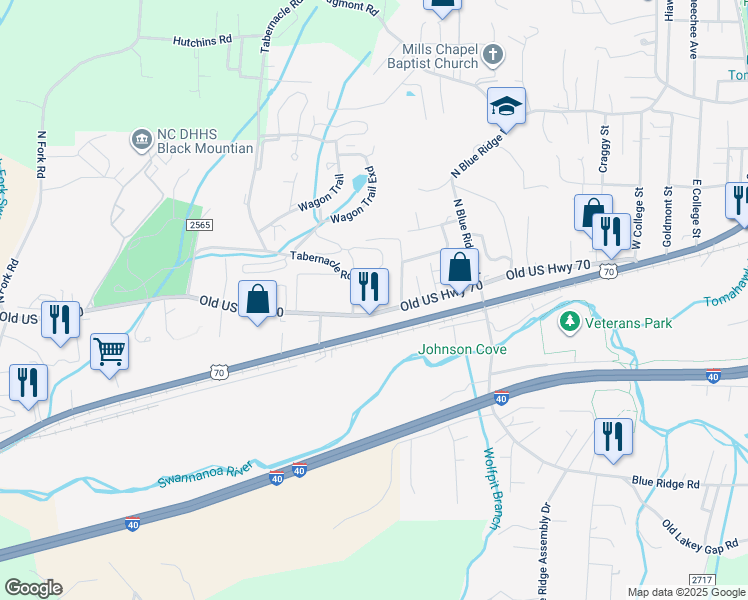 map of restaurants, bars, coffee shops, grocery stores, and more near 1084 Old US Highway 70 in Black Mountain