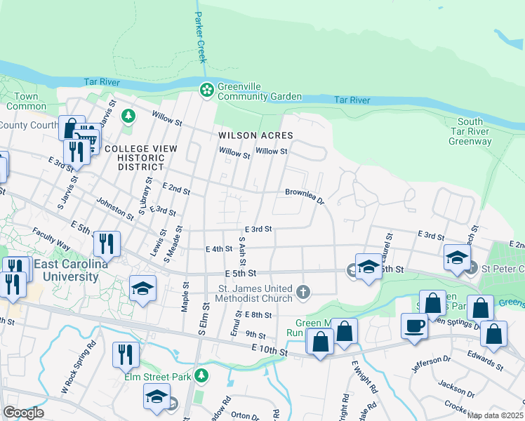 map of restaurants, bars, coffee shops, grocery stores, and more near 201 South Warren Street in Greenville
