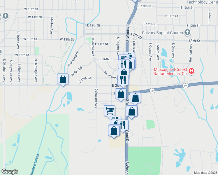 map of restaurants, bars, coffee shops, grocery stores, and more near 701 East 20 Street in Okmulgee