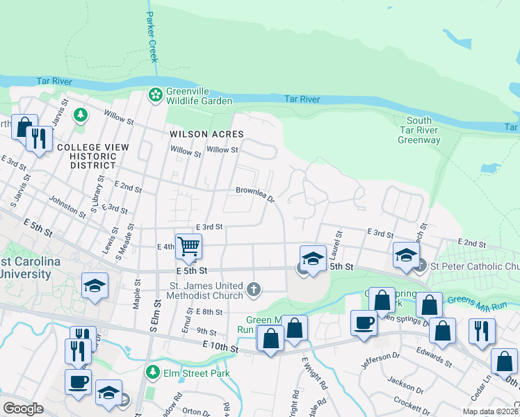 map of restaurants, bars, coffee shops, grocery stores, and more near 2109 East 3rd Street in Greenville