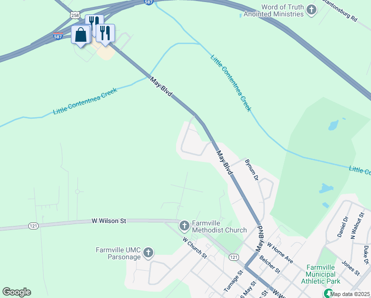 map of restaurants, bars, coffee shops, grocery stores, and more near 3379 Planters Way Drive in Farmville