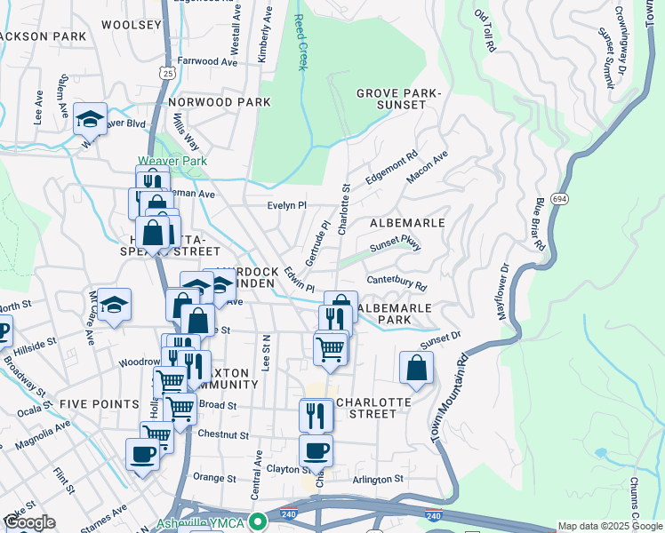 map of restaurants, bars, coffee shops, grocery stores, and more near 7 Celia Place in Asheville