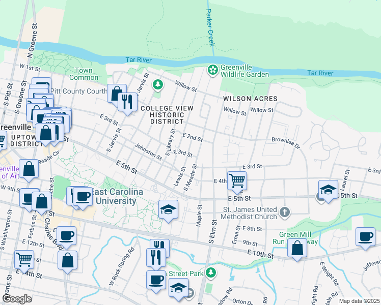 map of restaurants, bars, coffee shops, grocery stores, and more near 215 South Eastern Street in Greenville
