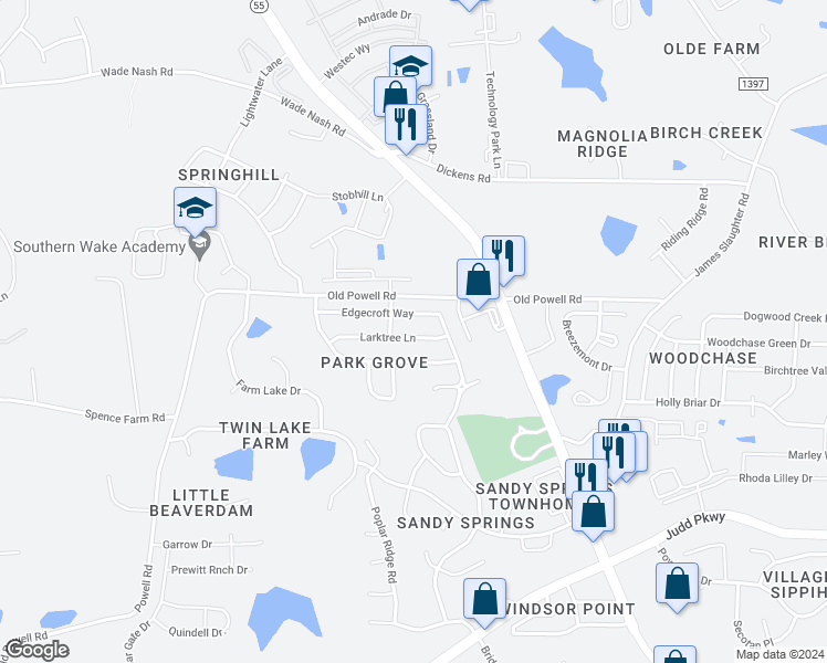 map of restaurants, bars, coffee shops, grocery stores, and more near 226 Larktree Lane in Fuquay Varina