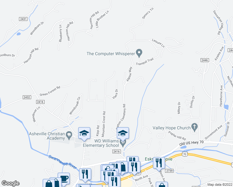 map of restaurants, bars, coffee shops, grocery stores, and more near 24 Viera Drive in Swannanoa