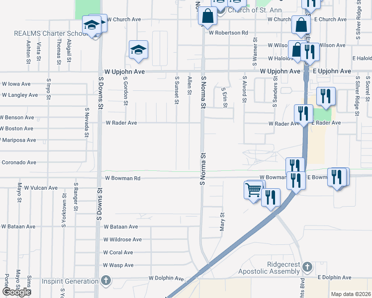 map of restaurants, bars, coffee shops, grocery stores, and more near 740 South Sunset Street in Ridgecrest