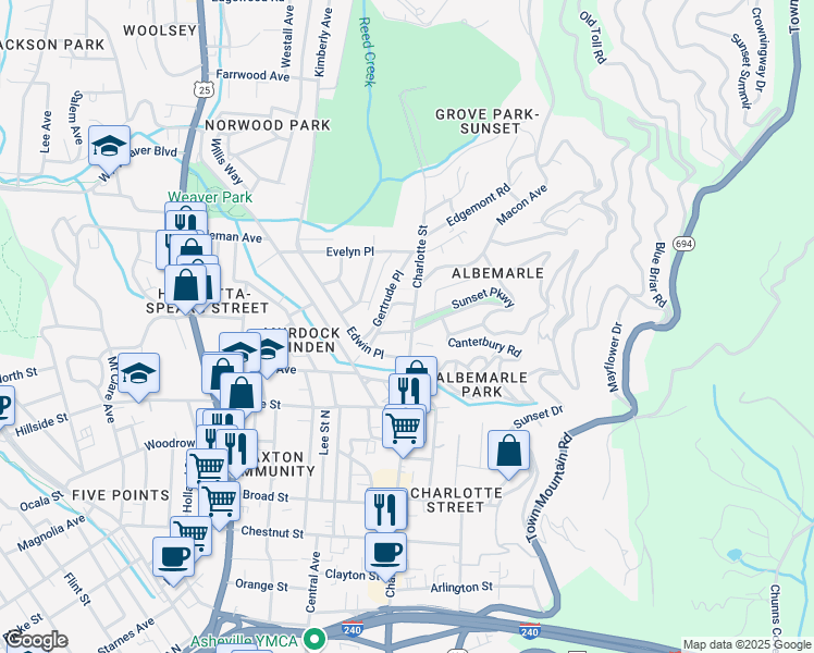 map of restaurants, bars, coffee shops, grocery stores, and more near 7 Celia Place in Asheville