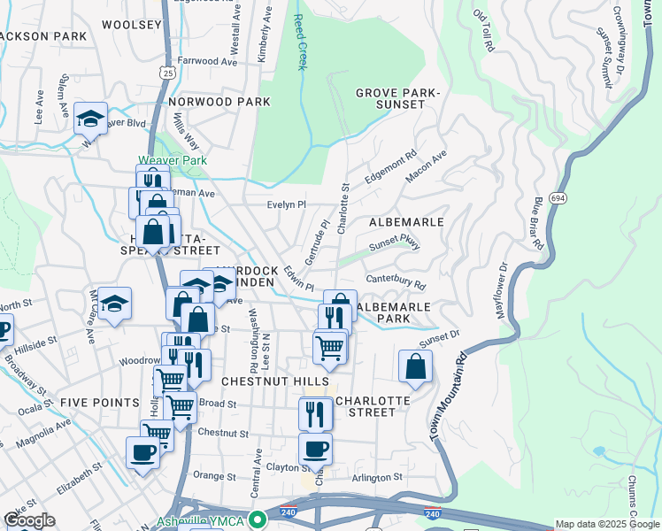 map of restaurants, bars, coffee shops, grocery stores, and more near 7 Celia Place in Asheville