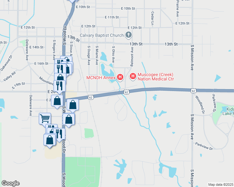 map of restaurants, bars, coffee shops, grocery stores, and more near 1213 East 20 Street in Okmulgee