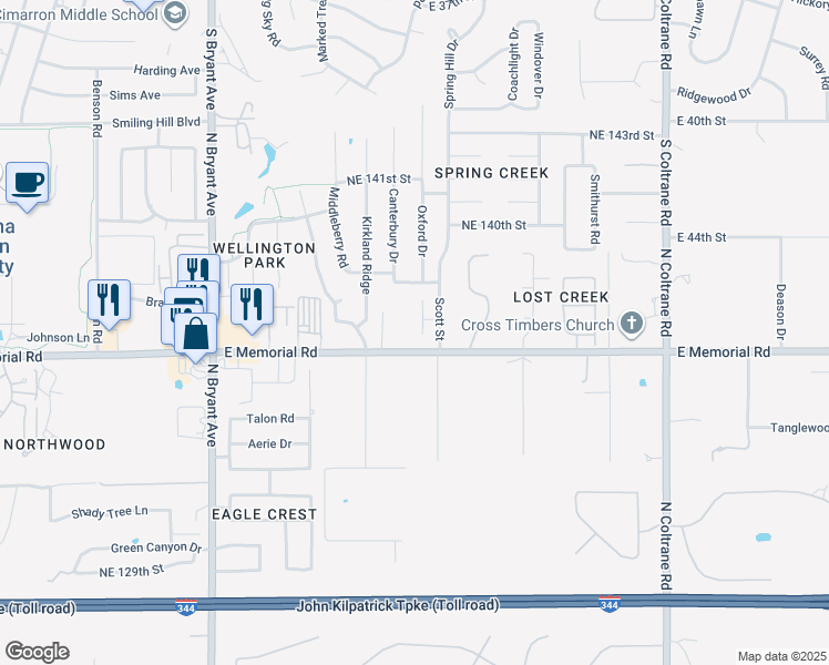 map of restaurants, bars, coffee shops, grocery stores, and more near 13712 Oxford Drive in Edmond