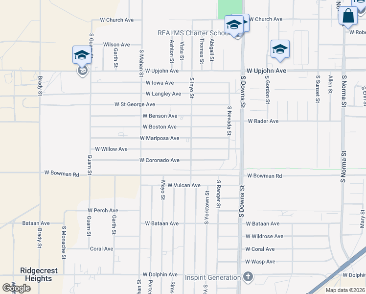 map of restaurants, bars, coffee shops, grocery stores, and more near 1112 West Willow Avenue in Ridgecrest