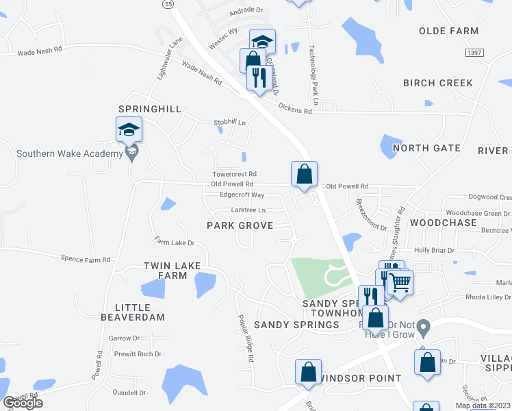 map of restaurants, bars, coffee shops, grocery stores, and more near 238 Larktree Lane in Fuquay Varina