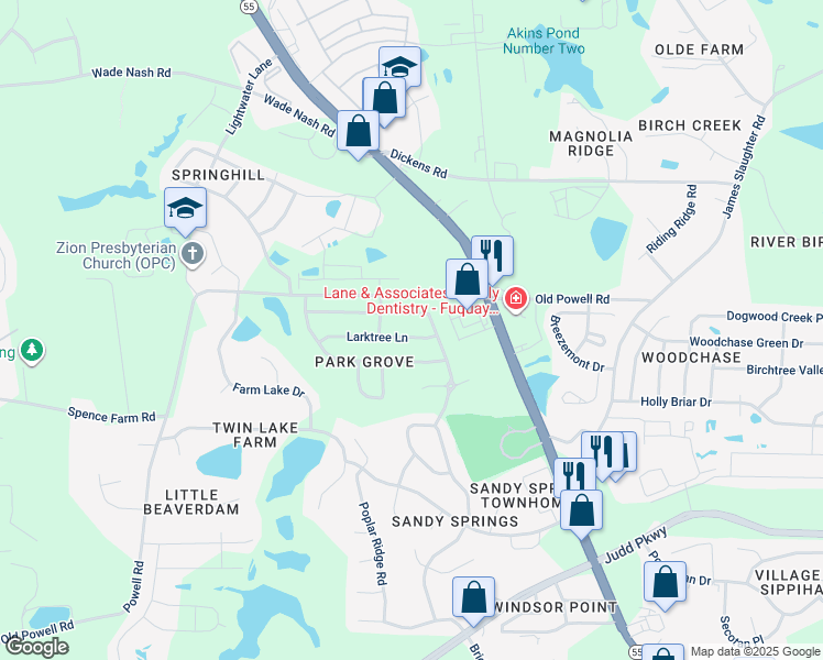 map of restaurants, bars, coffee shops, grocery stores, and more near 218 Larktree Lane in Fuquay Varina