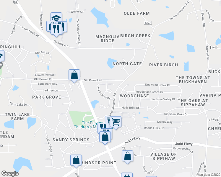 map of restaurants, bars, coffee shops, grocery stores, and more near 1908 Hinswood Circle in Fuquay-Varina