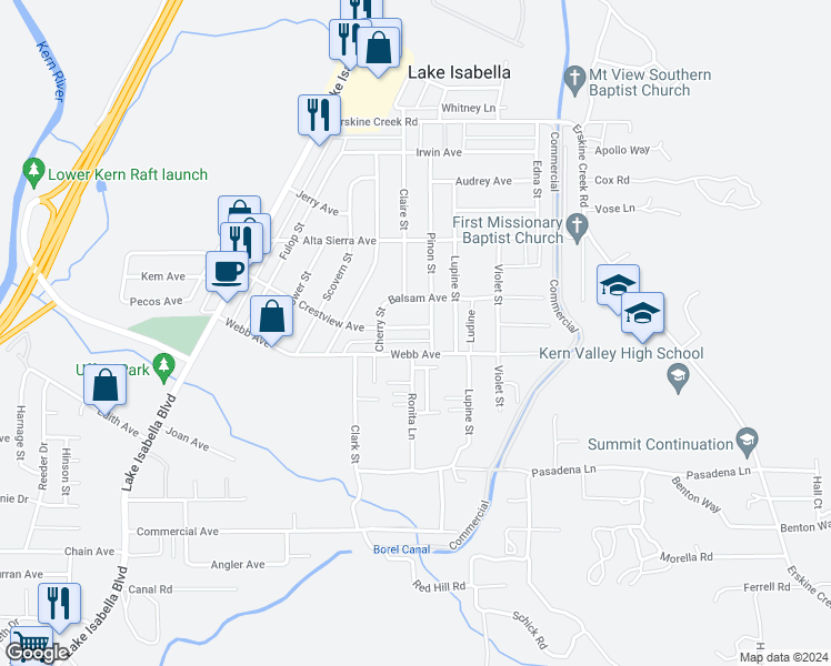 map of restaurants, bars, coffee shops, grocery stores, and more near 2624 Crestview Avenue in Lake Isabella