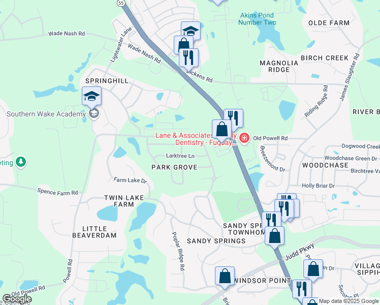 map of restaurants, bars, coffee shops, grocery stores, and more near 230 Larktree Lane in Fuquay Varina
