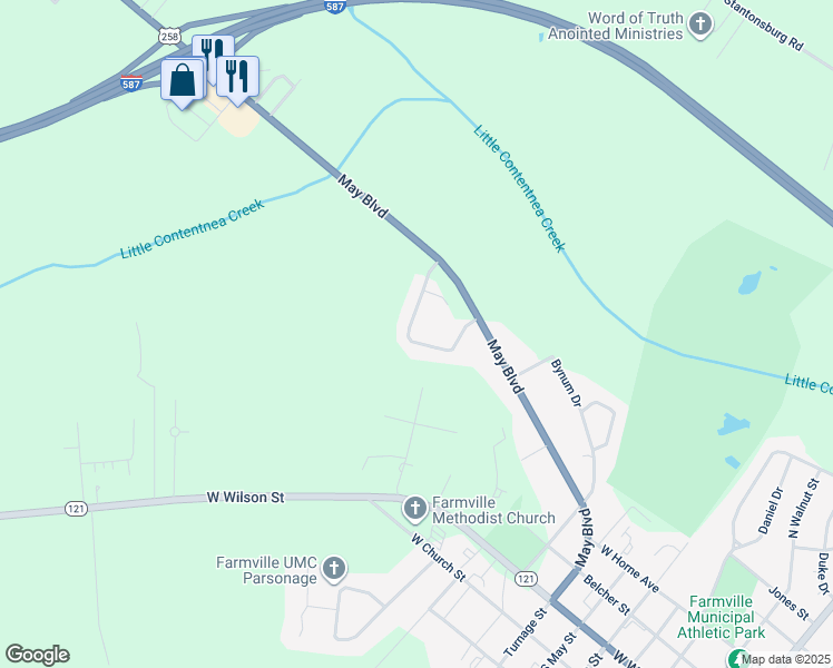 map of restaurants, bars, coffee shops, grocery stores, and more near 3379 Planters Way Drive in Farmville