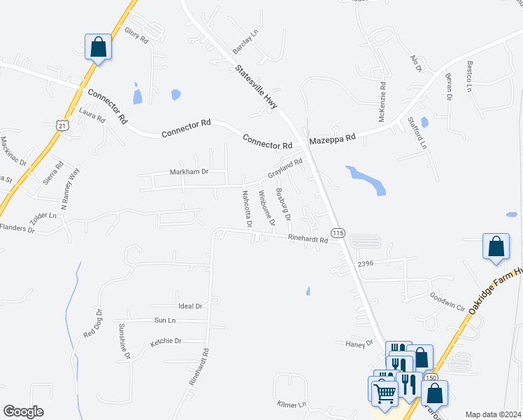 map of restaurants, bars, coffee shops, grocery stores, and more near 121 Winborne Drive in Mooresville