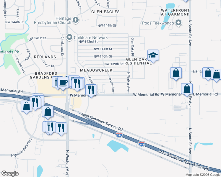 map of restaurants, bars, coffee shops, grocery stores, and more near 609 West Memorial Road in Oklahoma City