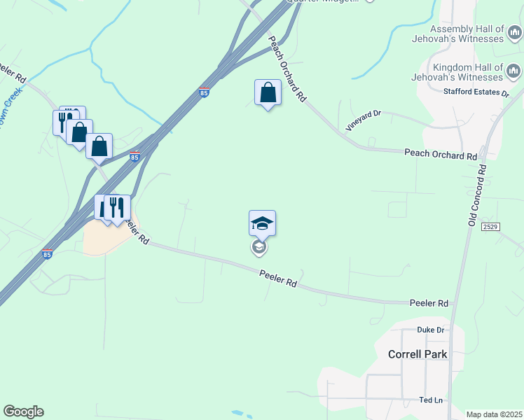 map of restaurants, bars, coffee shops, grocery stores, and more near 1570 Peeler Road in Salisbury