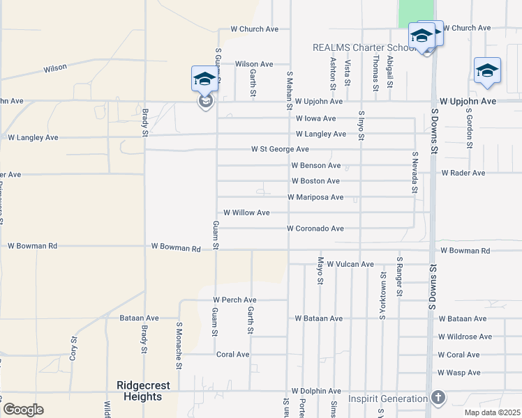 map of restaurants, bars, coffee shops, grocery stores, and more near 1332 West Willow Avenue in Ridgecrest