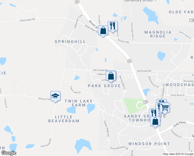 map of restaurants, bars, coffee shops, grocery stores, and more near 336 Larktree Lane in Fuquay-Varina