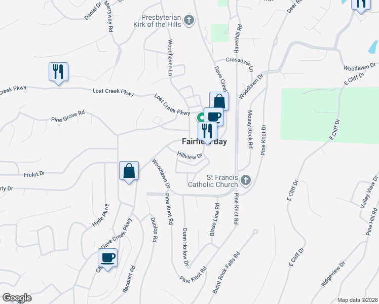 map of restaurants, bars, coffee shops, grocery stores, and more near 381 Dave Creek Parkway in Fairfield Bay