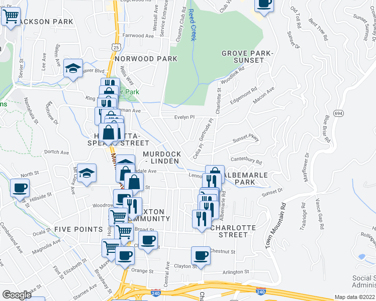 map of restaurants, bars, coffee shops, grocery stores, and more near 61 Edwin Place in Asheville