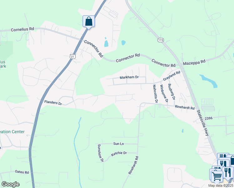 map of restaurants, bars, coffee shops, grocery stores, and more near 259 Flanders Drive in Mooresville