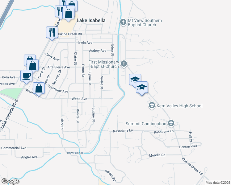 map of restaurants, bars, coffee shops, grocery stores, and more near 2928 Dunlap Road in Lake Isabella