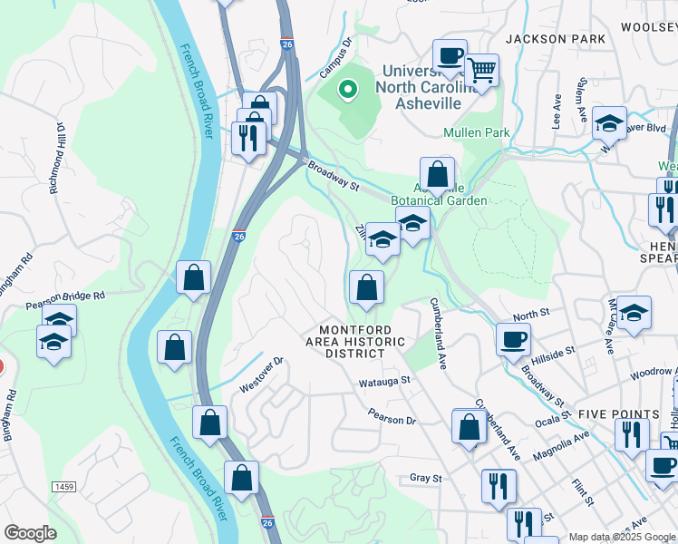 map of restaurants, bars, coffee shops, grocery stores, and more near 1100 Bulldog Drive in Asheville