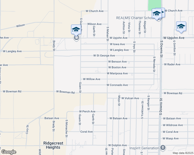 map of restaurants, bars, coffee shops, grocery stores, and more near 1332 West Willow Avenue in Ridgecrest