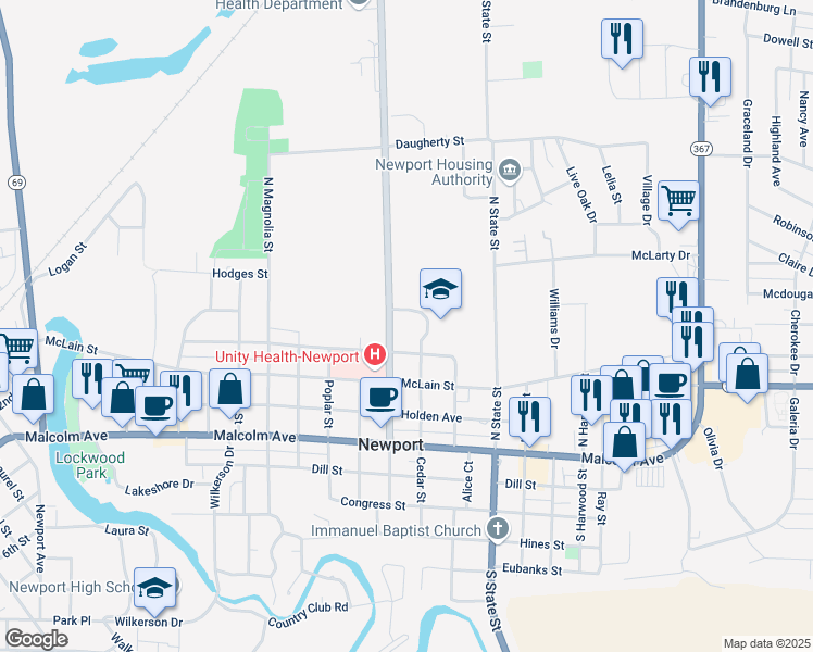 map of restaurants, bars, coffee shops, grocery stores, and more near 400 North Pecan Street in Newport